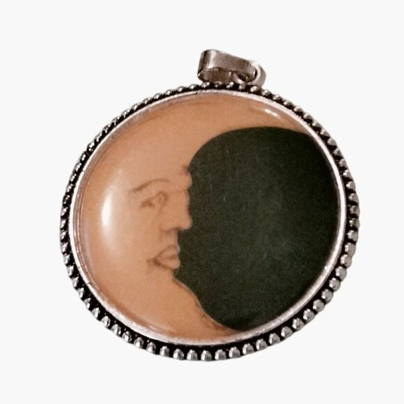 Crescent Moon Face Pendant Optical Illusion Round Metal Medallion - Picture 2 of 4